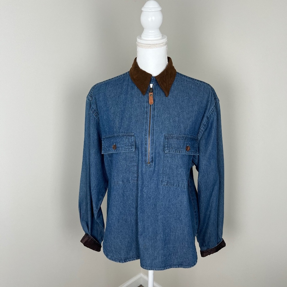 British Khaki 100% Cotton Denim Shirt with Brown Collared Trim